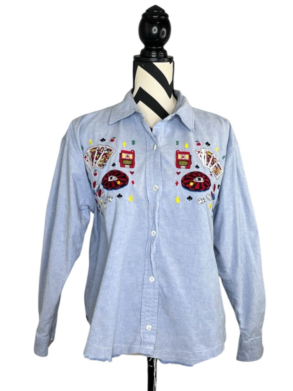 Vintage Las Vegas Sz L Casino Embroidered Gambling Cotton Button Front Shirt